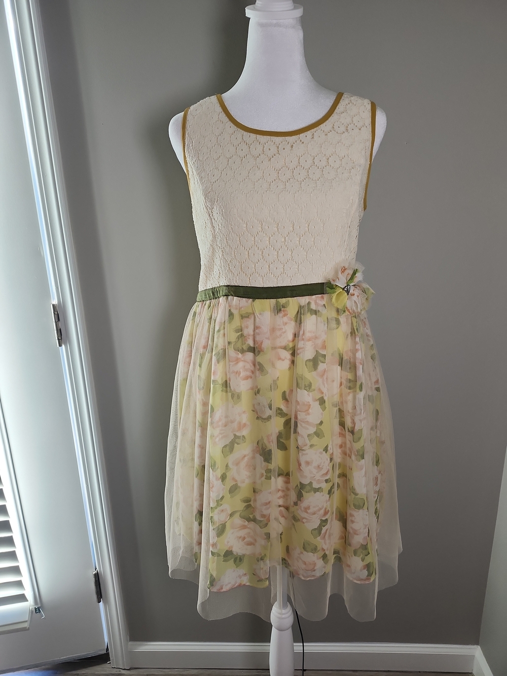 Ryu Lace Tulle Floral Dress Size L Velvet Sash With Floqer Cottagecore Whimsical